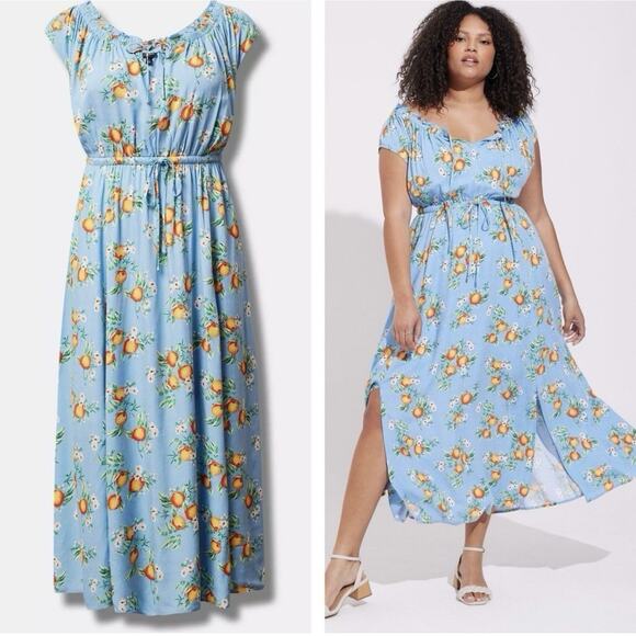 Torrid Orange Grovw Women’s Maxi Dress Sz 2 Blue Oranges Summer Vacation Resort - Picture 6 of 15